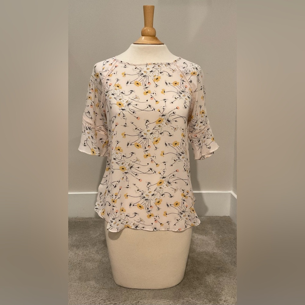 LOFT Petite Pink Floral Blouse with Flared Sleeves, Size XSP